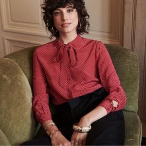 Sezane Lady Shirt - Red polka dot Silk Blouse with detachable bow